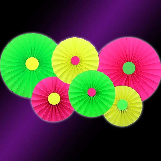 6Pcs UV Neon Party Hanging Paper Fans Flower Glow in The Dark Glow Party Supplies and Decorations Glow in The Dark Blacklight Reactive Fluorescent Black Light Neon Party Supplies for Birthday Wedding