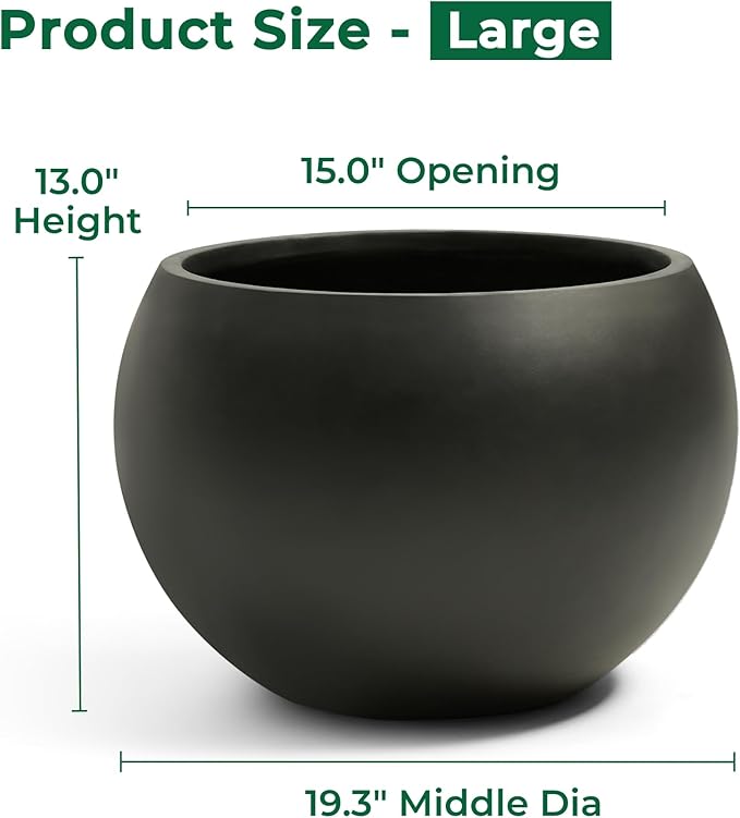 Fiberstone Sphere Planter, Black 19.3" Dia Large Flower Pot with Drainage Hole and Silicone Plug, Round Plant Container for Indoor or Outdoor, 15" Opening-13 H Large
