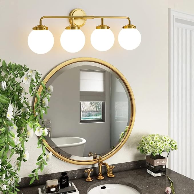 Bathroom Light Fixtures Gold Vanity Lights Over Mirror, Modern Wall Sconce Lighting 4-Light with White Glass Globe Shade