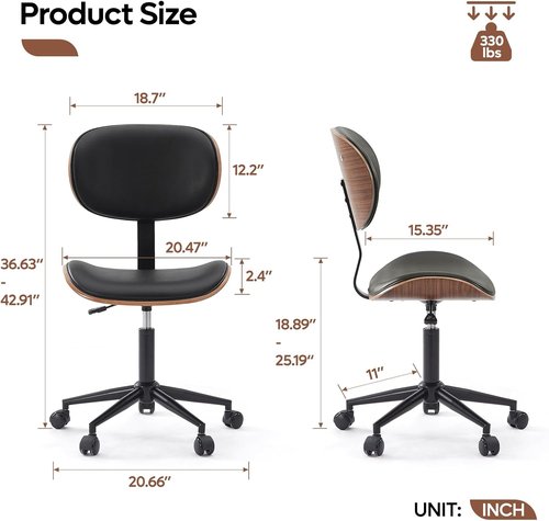 Bestier Small Office Chair - Armless Desk Chair with 360° Swivel & Bentwood Back Support | Height Adjustable, Black PU Leather for Small Spaces