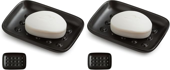 Miamolo Soap Dish, Ceramic Soap Holder Shower Soap Dish for Bar Soap Sponge, Soap Saver Tray for Bathroom Kitchen Sink, Black (Pack of 2)