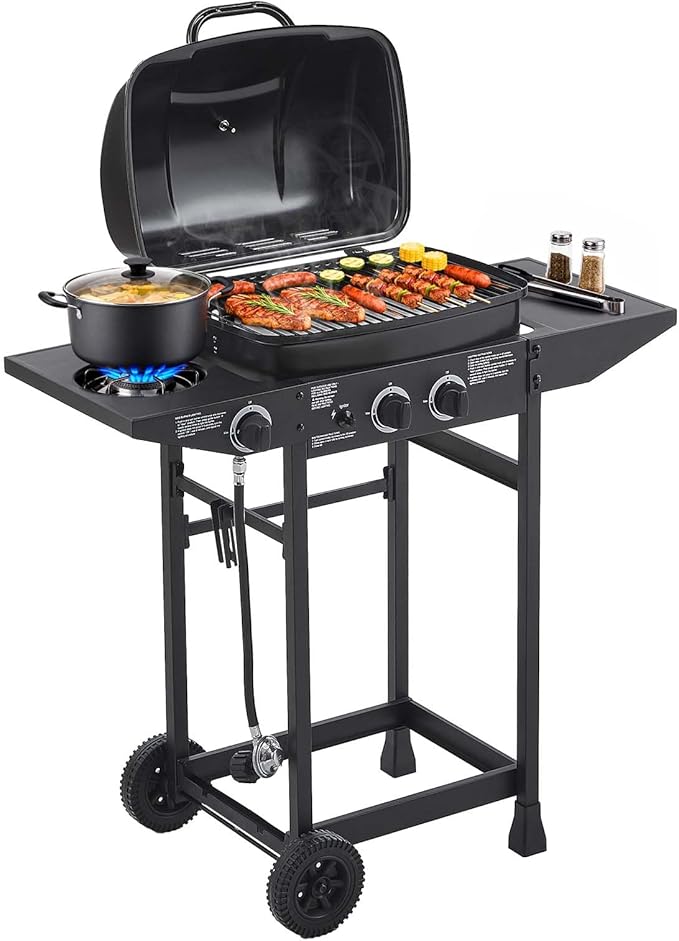 Unovivy 2-Burner Portable Propane Gas Grill with Side Burner, BBQ Grill with Built-in Thermometer, 24,000 BTU Small Camping Barbecue Grills with Oil Tray for Outdoor Cooking, Patio, Garden