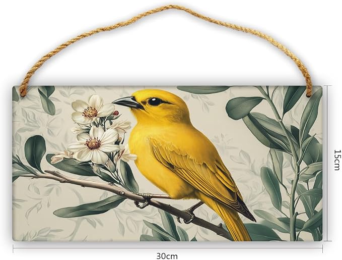 Vintage Yellow Bird & pinks Blossoms Wooden Wall Art, Retro Home Decors for Nature Collectors, 12x6 Inch Wood Sign for a Nostalgic Living Room Vibe
