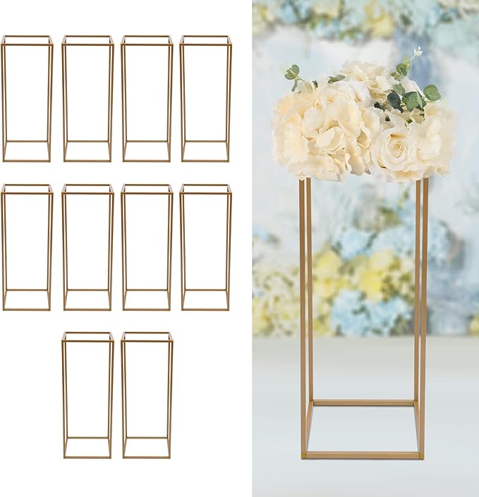 10PC 31.5" Flower Stand for Wedding Metal Cylinder Stands for Party Rectangular Gold Centerpieces Flower Vase Gold Pedestal Columns for Weddings Indoor Outdoor Flower Plant Stand Decoration