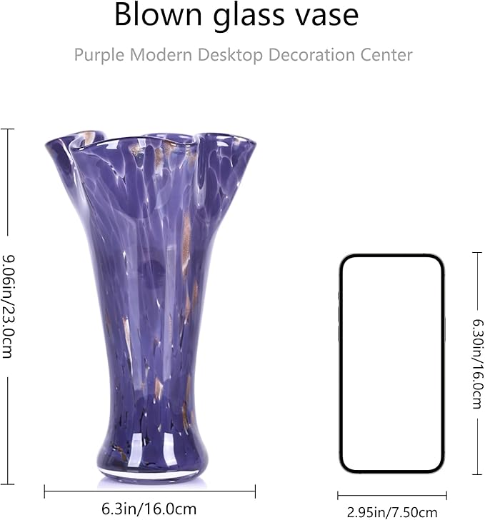 9.0" H Purple Glass Vases for Flowers, Unique Hand Blown Glass Vase Purple Home Decor, Wide Mouth Colorful Flower Vase Centerpieces, for Living Room Table Bookshelf, Bathroom Office Shelf Decorative
