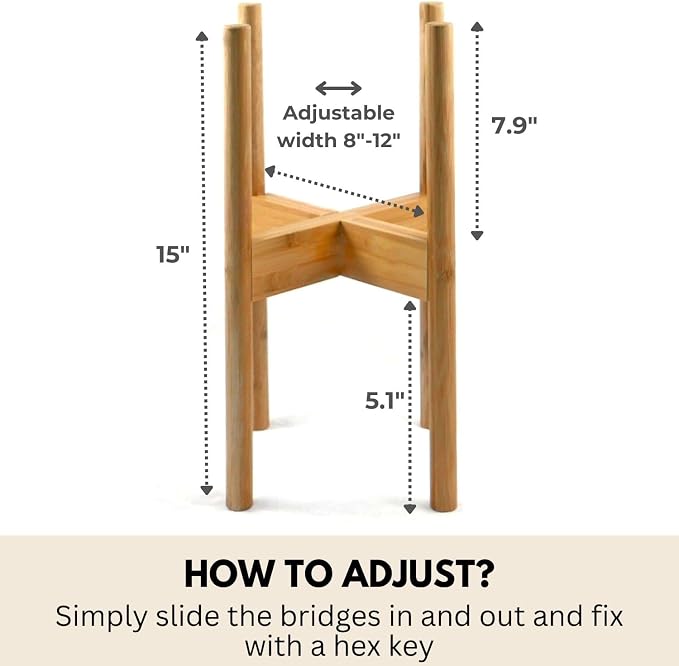 Fox & Fern Adjustable Plant Stand Indoor — 8 to 12 Inch Mid Century Bamboo Plant Stand with Adjustable Width - Plug In Design - Easy to Assemble - Two Heights - For 8, 9, 10, 11 & 12 Inch Pots