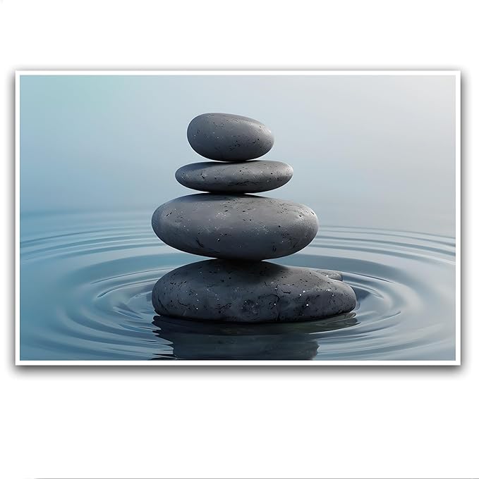 Zen wall art Harmonious grey stones stacked on a calm surface of water Serene Zen decor suitable for tranquil homes and spaces of meditation 16x24in Frameless