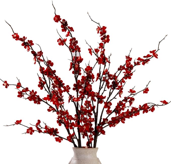 LESING 4pcs Cherry Blossom Flowers Artificial, Fake Silk Cherry Blossom Branches Tall Peach Blossom Flower Stems Arrangement for Wedding Home Office Party Decoration (Red-2)