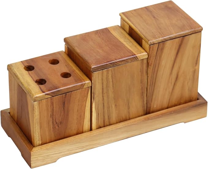 EcoDecors, Eleganto, 7 Piece, Teak Wood Bathroom Amenities Set, Teak Bath Amenity Set, Bathroom Accessory, in Natural Color