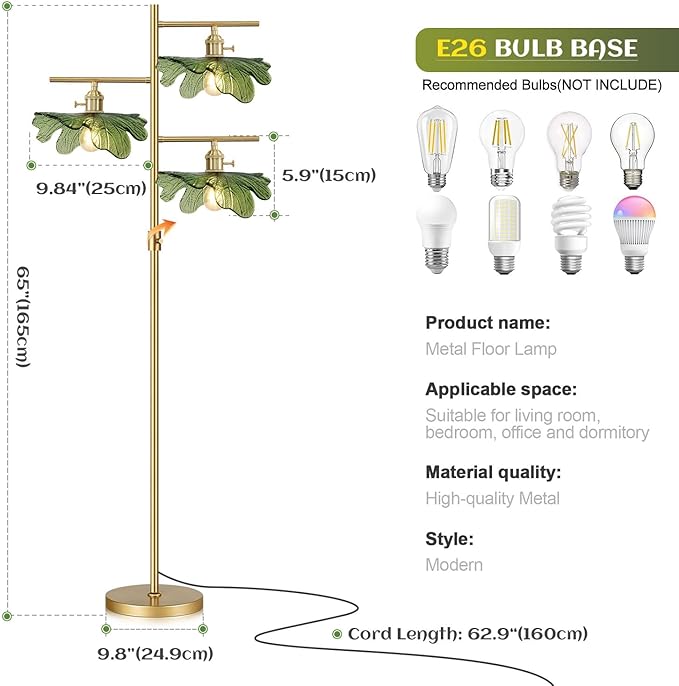 Dimmable Floor lamp 3 Light mid Century Modern Tall Floor lamp Standing Lamps Green Glass Floor Lamps 65" Gold Tall lamp for Living Room Corner Bedroom Farmhouse