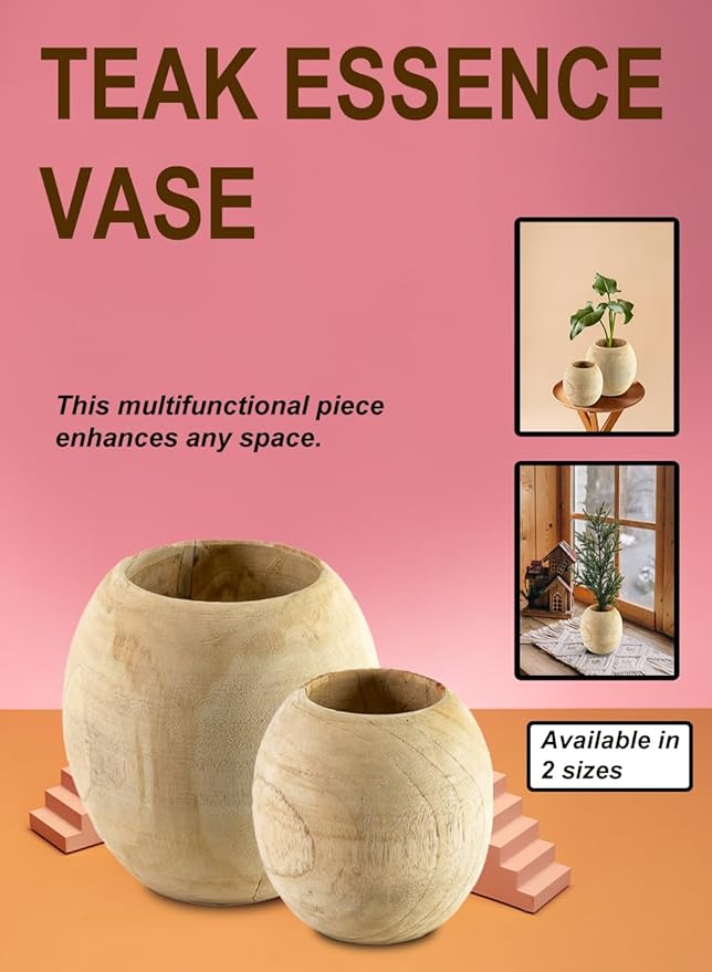 Serene Spaces Living Teak Essence Vase - Handcrafted Natural Wood Vase, Perfect for Artificial, Dried, and Fresh Flowers, Unique Rustic Decor Piece for Home or Office, Gift Idea (Large - Pack of 1)