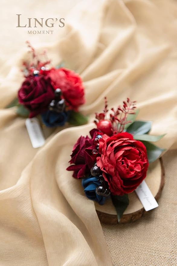 Ling's moment 2pcs Prom Wrist Corsage Artificial Flowers, Girl/Mother Corsages Wristlet Décor for Homecoming/Wedding/Anniversary, etc. Burgundy Navy