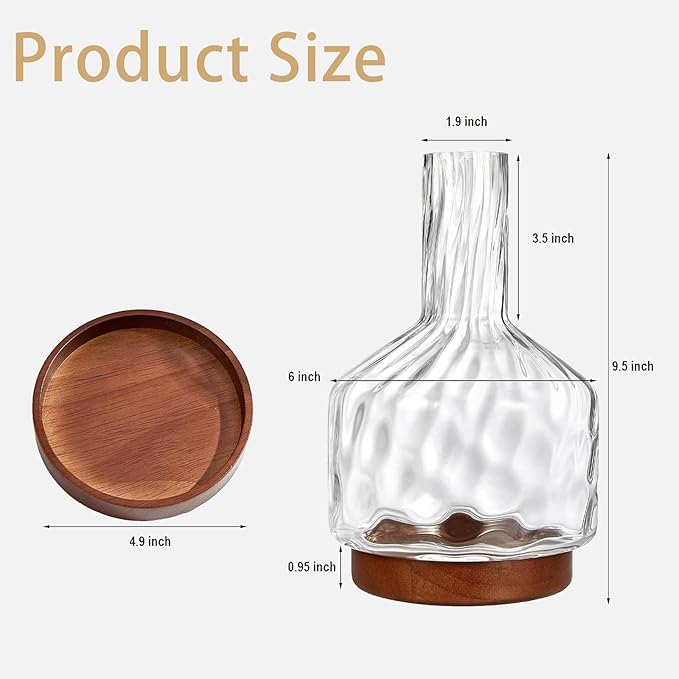 Clear Glass Vase Flower, Rippled Flower Vases with Wooden Base, 10-inch Modern Round Vases, Suitable for Living Room, Dining Room...