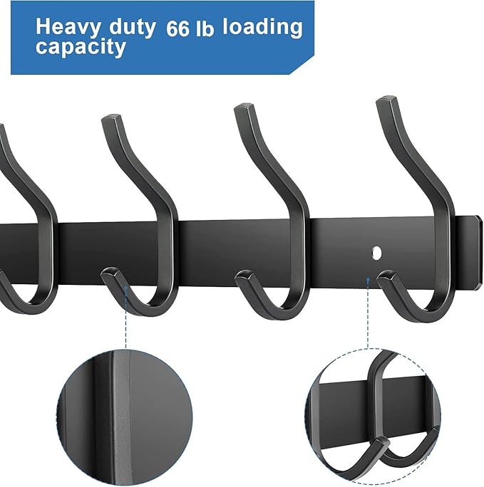 HAMUTH Black Wall Hooks, 12 Inch Coat Rack Wall Mount with 4 Hooks, Wall Hooks Heavy Duty for Hanging Backpack, Bag, Purse, Clothes, Hat, Coat, Towel | Entryway & Bathroom Storage Organization Hanger