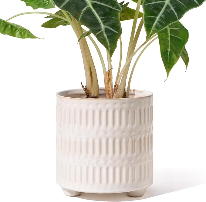STHIE 5 Inch Ceramic Planters for Indoor Plants, White Cactus Snake Plant Pots with Drainage, Unique Design Round Flower Pot for Home Decoration