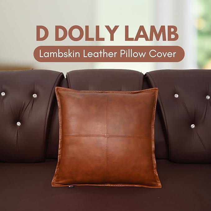D DOLLY LAMB Lambskin Leather Pillow Cover - Sofa Cushion Case - Decorative Throw Covers for Living Room & Bedroom, 20x20 Inches - Dark Tan Box