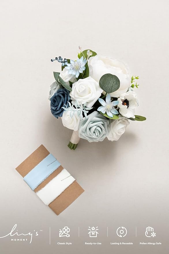 Ling's Moment Artificial Flowers Dusty Blue Bridesmaid Bouquet, Blue & White Wedding Flowers Bouquets for Bridesmaids, 7 Inch Bridal Bouquets for Bridesmaids, Wedding, Ceremony, Anniversary, etc