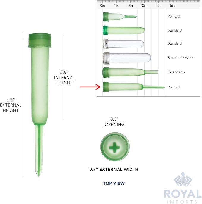 Royal Imports Floral Water Tubes with Caps – 4.5" Green Plastic Flower Vials for Single Stem Roses, Buds, Bouquets – Standard Style, 1/2" Opening – 100 Pack