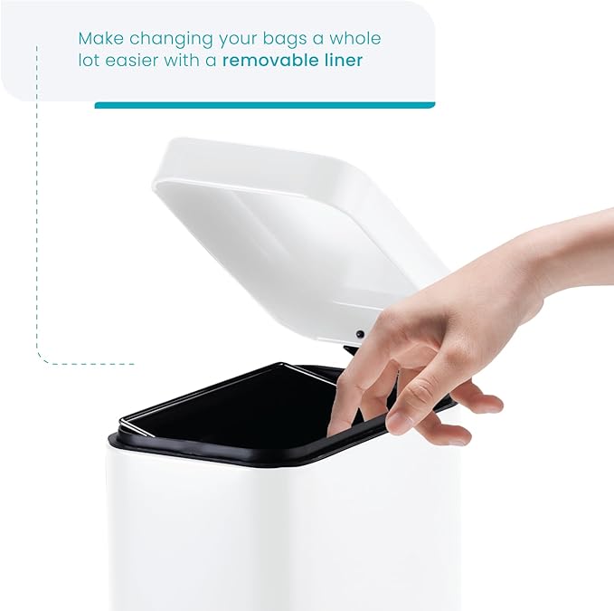 Home Zone Living 1.3 Gallon Small Bathroom Trash Can with Lid and Step Pedal, Stainless Steel Wastebasket with Slim Design for Home and Office, Matte White, 5 Liters