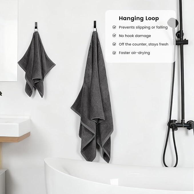 SEMAXE Bath Towel Set, 12 Piece Cotton Towel Set for Bathroom, More Towels for Family Use, Quick Dry with Hanging Loops, Easy Care, Grey