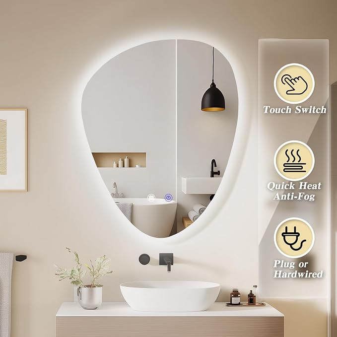 QDSSDECO Irregular LED Bathroom Mirror with Lights,Asymmetrical Led Bathroom Vanity Mirror for Wall with Front and Backlit, Anti Fog, 3 Colors and Dimmable Light, 22" x 28"
