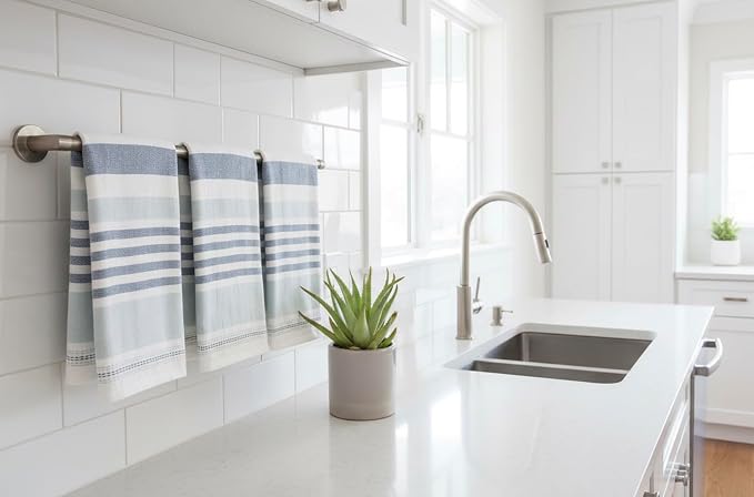 Serafina Home Blue White Kitchen Hand Dish Towels: Oversized 28" x 16",100% Cotton Cloth Soft Cleaning Drying Absorbent Striped Design, Set of 3 Multipurpose for Everyday Use (Blue Monica)