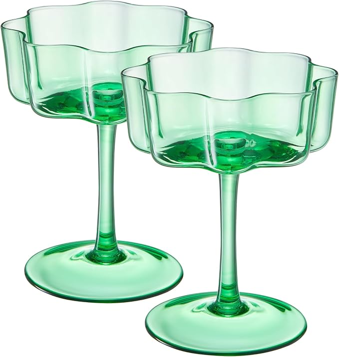 Flower Scalloped Vintage Wavy Petals Wave Glass Coupes 7oz Colorful Martini, Champagne & Cocktails, 2 Sage Green Set Amber Rippled Champagne Glasses, Elegant Bar Glassware, Aesthetic Coupe Glassware