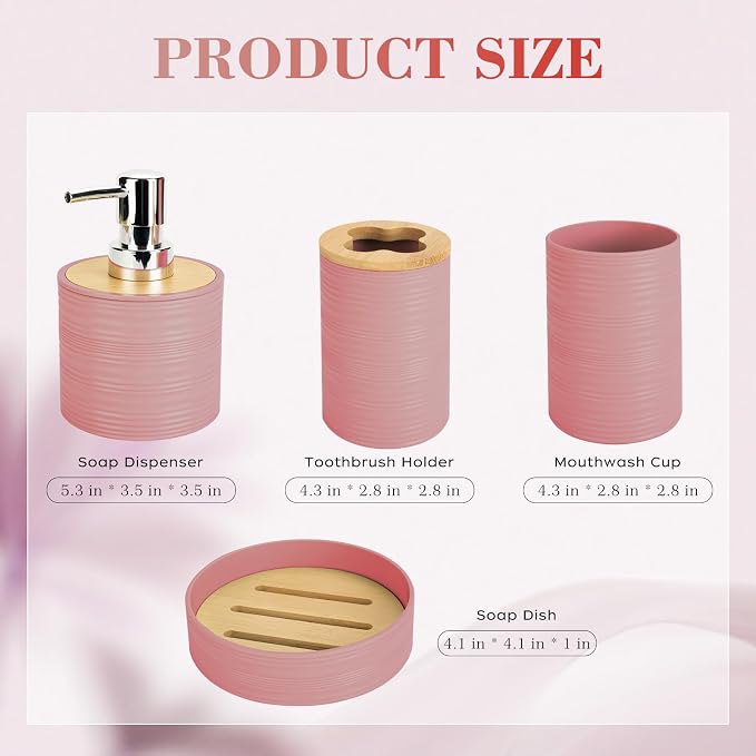 4 PCS Light Pink Bathroom Accessories Set, Includes a Soap Dispenser, Toothbrush Holder, Soap Dish and Mouthwash Cup, Plastics & Bamboo Bathroom Set, Bohemian Style Bathroom Sink Set
