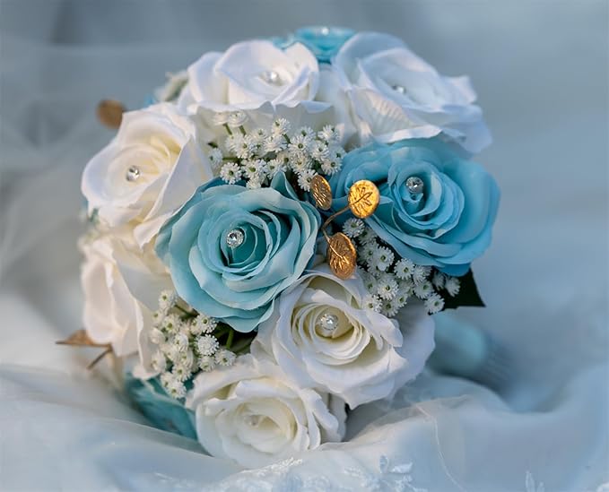 Wedding Bouquets for Bride Bridesmaid Artificial Flowers White Blue Rose Bridal Wedding Tossing Bouquets for Wedding Church Bridal Shower Ceremony Anniversary Home Decor (White + Blue Rose)