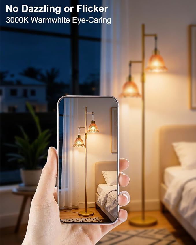 Lightdot 65IN Gold Flower Floor Lamp for Living Room, 2- Light Dimmable Floor Lamps with Deep Red Glass Lampshade,3000K Warm White Modern Standing Tall Lamp with 5Lbs Heavy Base for Bedroom Sofa