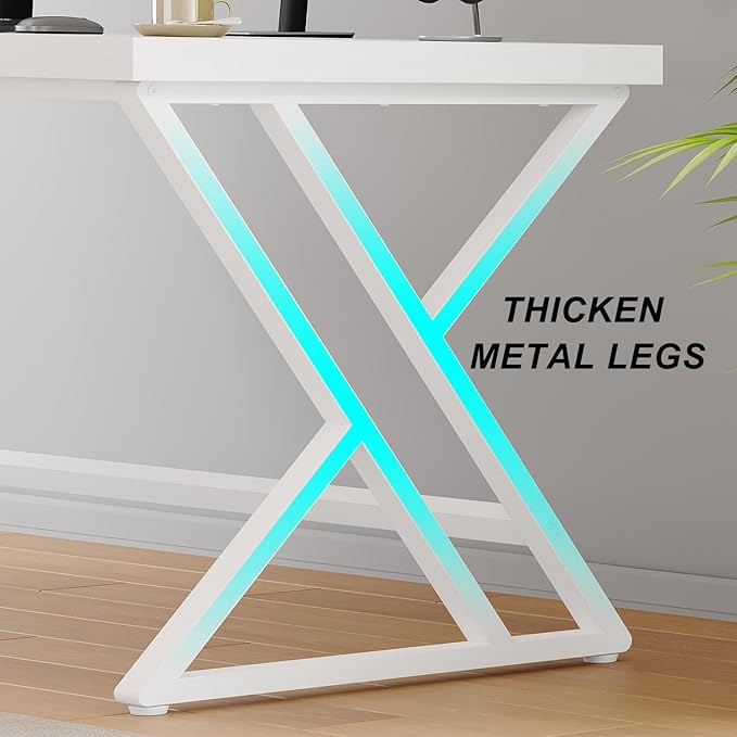 LVB White Computer Desk, Modern Wood Home Office Desk for PC Writing Work, Metal Wooden Executive Workstation Student Simple Desk, Computer Study Gaming Bedroom Table, 55 Inch, White Oak