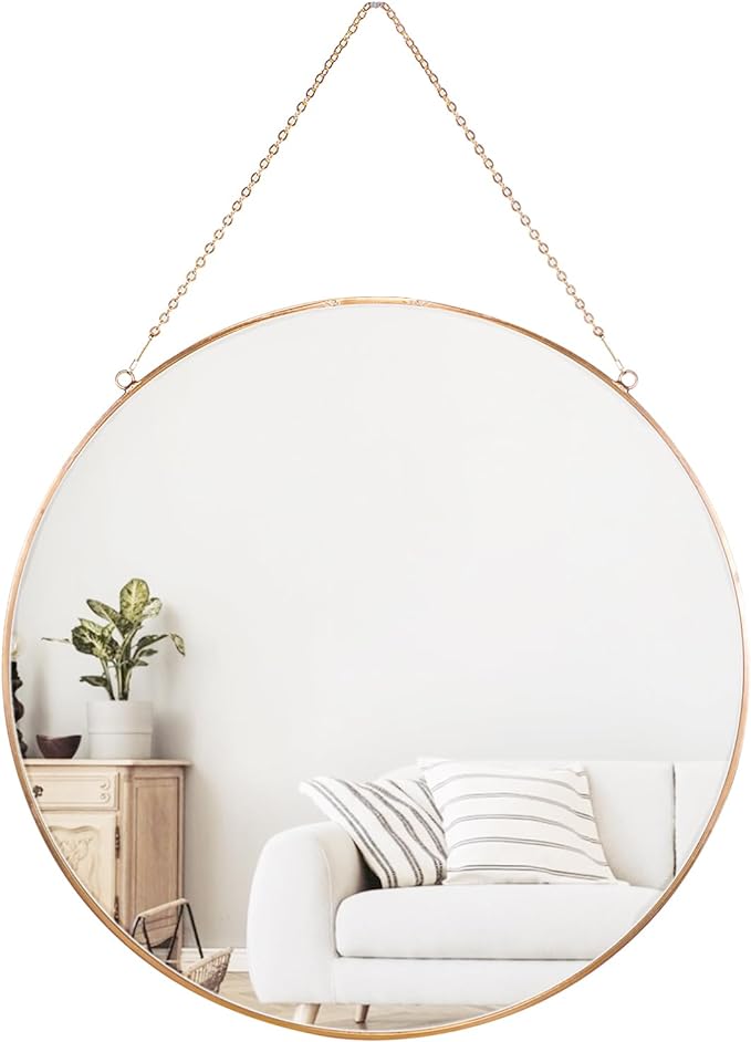 Dahey 11.8-inch Small Hanging Circle Mirror Wall Decor Gold Round Mirror with Hanging Chain for Office Bathroom Bedroom Living Room Dorm College, Gold