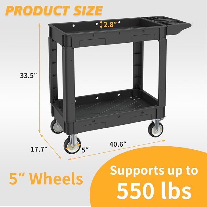 Utility Cart on Wheels, 2 Shelf Heavy Duty Plastic Rolling Cart, 550 lbs Capacity Carts with Wheels for Warehouse, Garage, School, Kitchens, Office (Black, 40.6)