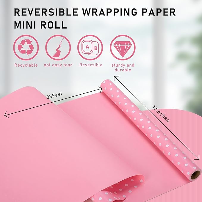 Yarcony Pink Gift Wrapping Paper Roll - 17 Inch X 33 Feet - Lovely Baby Girl Polka Dot Pastel Gift Wrap Paper Birthday Wrapping Present Sheet for Wedding, Baby Shower, Bridal Shower, Valentine's Day