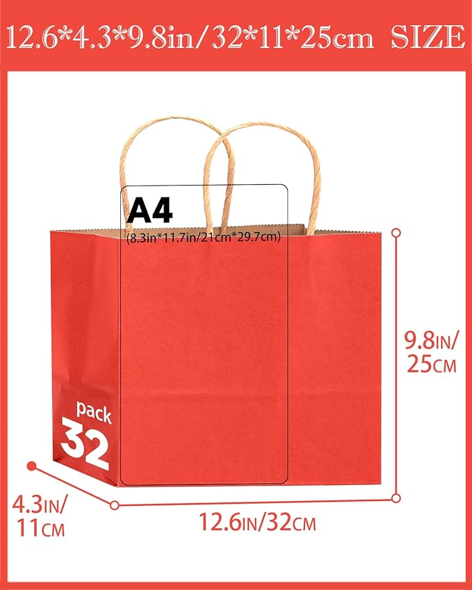 qiqee 13"x4.5"x10" Large Gift Bag with Handles Bulk 32PCS Gift Paper Bags Red Bags Multiple Uses (Wide Large)