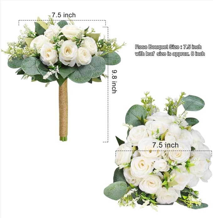 Wedding Bouquets for Bride Bridesmaid, 7.8" White Ivory Bouquet Artificial Silk Roses Flowers with Eucalyptus for Wedding Church Decoration