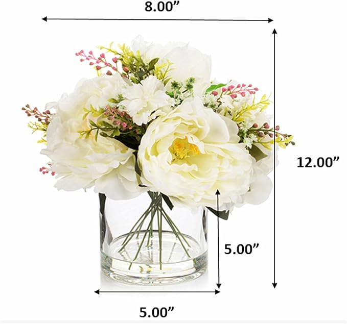 ENOVA FLORAL Artificial Silk Flower Arrangement with Vase,Mixed Artificial Silk Peony Flower in Vase for Decoration Home Office, Wedding Centerpiece (Cream)