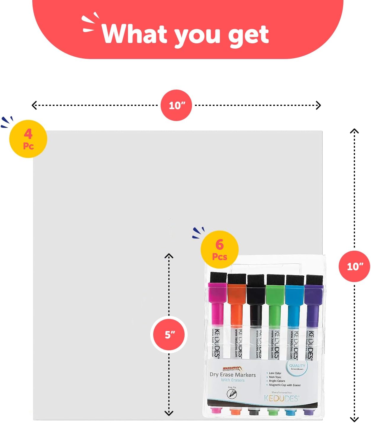Skiennix Magnetic Whiteboard Set - 4 Dry Erase Boards for Refrigerator | 10x10 Inches with 6 Markers