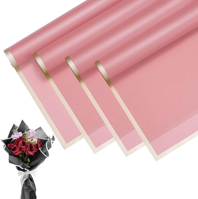 M METERXITY 20 Sheets Flower Wrapping Paper Bouquet, 23 Inch Pink Gold Edge BOPP Waterproof Floral Wrapping Paper Flower Packaging DIY for Wedding/Party/Birthday/Gift Bouquet Wrap Paper