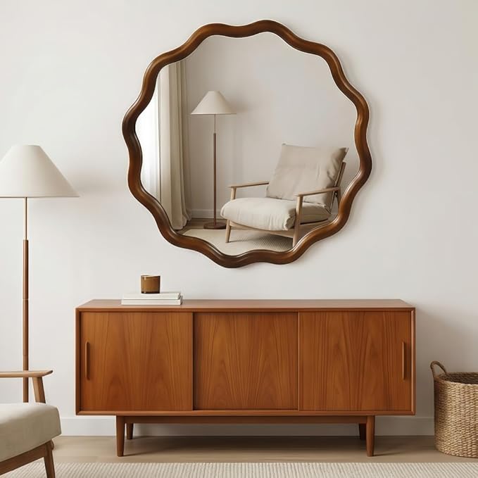 Elountik 36 Inch Wavy Round Solid Wood Frame Mirror with Black Walnut Finish, Decorative Wall Mirror for Living Room, Bathroom, Bedroom or Entryway
