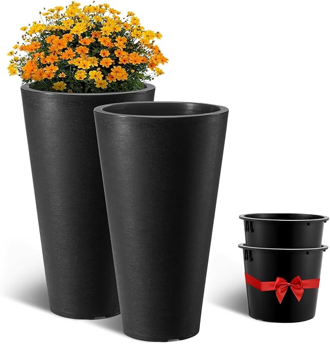 VEVOR Set of 2 Tall Planter for Outdoor Indoor Plants 24inch, Black Round Large Planters for Front Porch, Patio, Tall Taper Flower Tree Plant Pots with Modern Design and Built-in Drainage