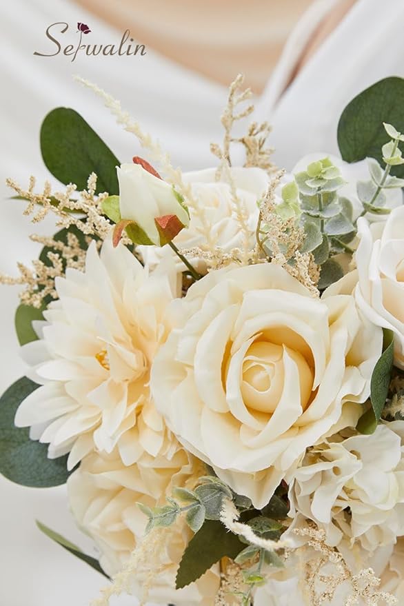 Serwalin 9.8in Wedding Bouquets for Bride, Boho Champagne Roses & Dahlia Flowers for Wedding Decoration