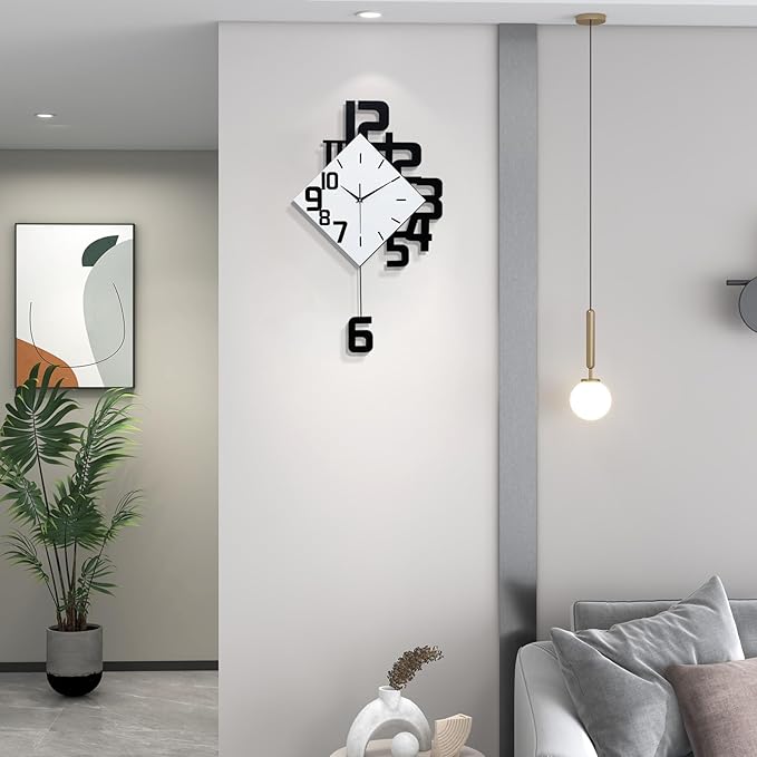 FLEBLE Modern Wall Clocks for Living Room Decor Large Decorative Wall Clock with Pendulum Battery Operated for Bedroom Office Kitchen Home Black Wood Silent Small Wall Clock Non Ticking