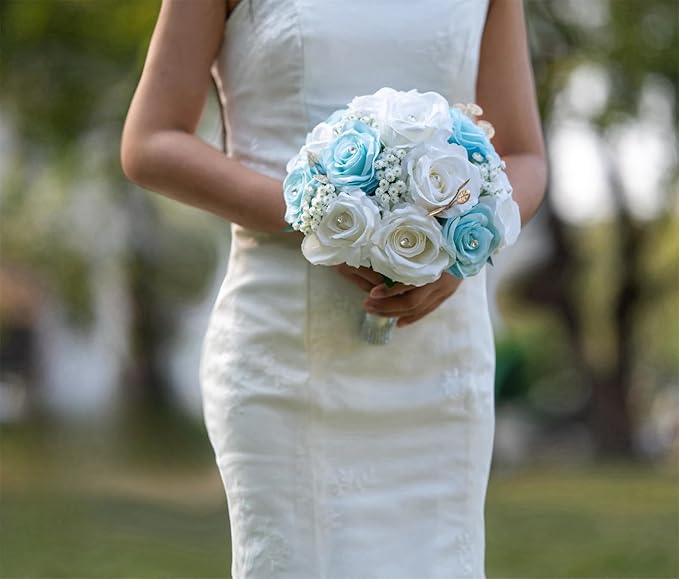 Wedding Bouquets for Bride Bridesmaid Artificial Flowers White Blue Rose Bridal Wedding Tossing Bouquets for Wedding Church Bridal Shower Ceremony Anniversary Home Decor (White + Blue Rose)