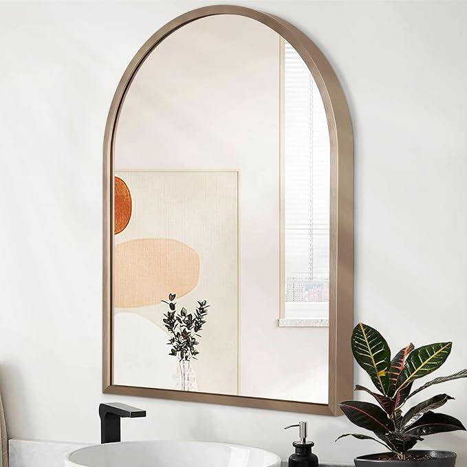 Arched Wall Mirror Aluminum Alloy Frame Bathroom Mirror Brushed Metal Vanity Wall Mounted Mirror for LivingRoom Bedroom Entryway Room Home Decor Brass 16"x12"