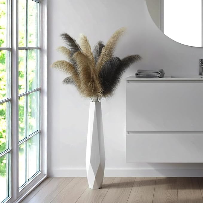 Tall Floor Vase - 27.5" Tall Vases for Home Decor, Resin Floor Vase with Handmade Dimensional Geometric Style, Fits Into Hay/Pampas Grass, Boho Living Room Decor (White)