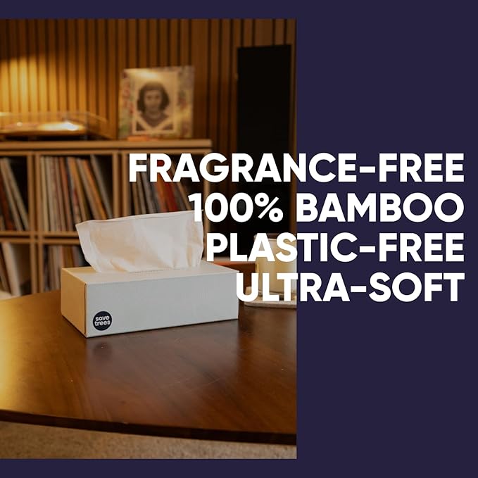 Save Trees Bamboo Facial Tissues - 4 Boxes of Eco-Friendly, 3-Ply Hypoallergenic Tissues, 90 Sheets per Box, FSC Certified, Plastic-Free Packaging, Soft & Gentle for Home Use