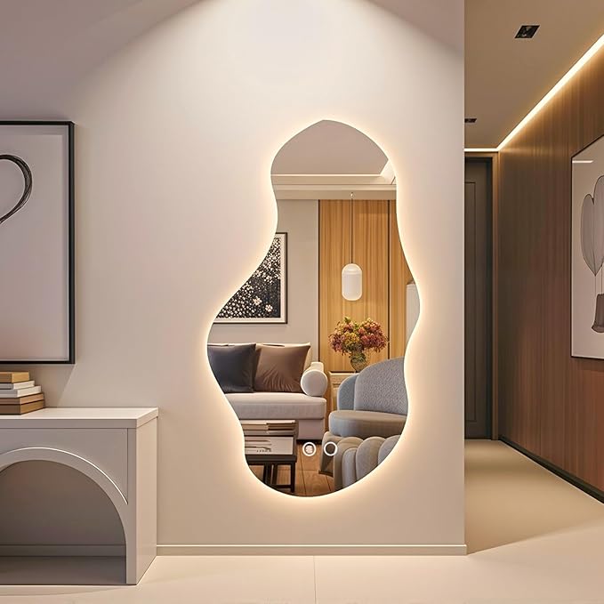 Modern Irregular LED Bathroom Mirror with Lights, Asymmetrical Frameless Smart Lighted Wall Mirror for Living Room Entryway, Large Decorative Makeup Vanity Mirror with Touch Switch(31.5″x55.1″)