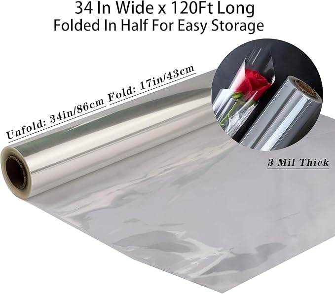 CMFYHM 120 ft Clear Cellophane Wrap Roll (34" x 120’Ft) 3 Mil Thicken Cellophane Wrap Roll for Gifts, Baskets, Flowers, Party Decorations (34" fold into 17")