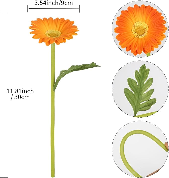 Orange Flowers Artificial Gerbera Daisies 8Pcs PU Daisy Flowers 11.8 Inches Small Artificial Flowers for Vase Wedding Centerpiece Arrangement Living Room Home Decor